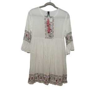 Me 2 Magic Anthropologie White Multi Embroidered 3/4 Sleeve Boho Dress Sz L
